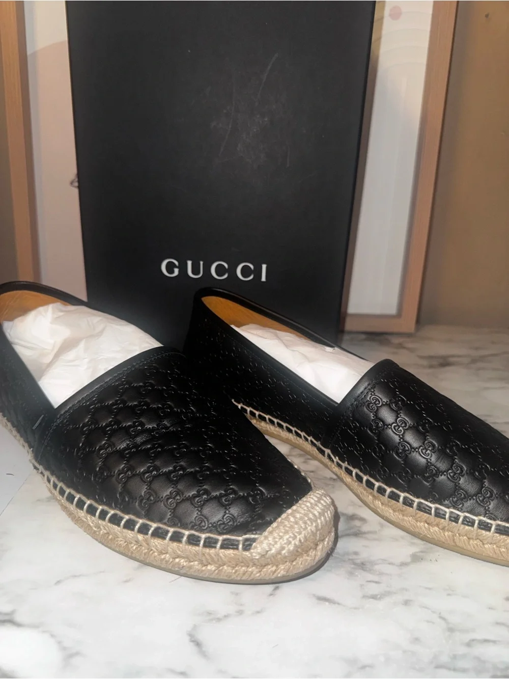 Gucci Black Leather Espadrille Slip-On Mules
